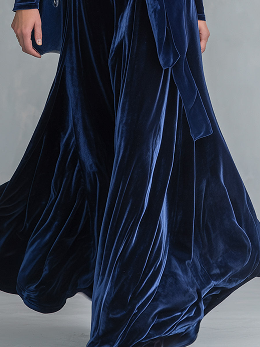 Minimalist Sophisticated Deep Blue Belted V-neck Maxi Dress