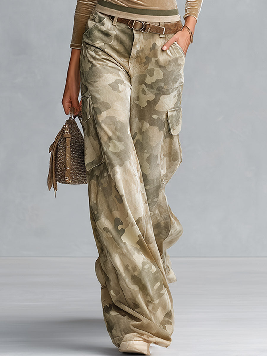 Retro Casual Khaki Camouflage Cargo Velour Pants