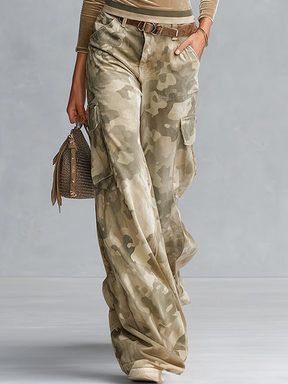 Retro Casual Khaki Camouflage Cargo Velour Pants