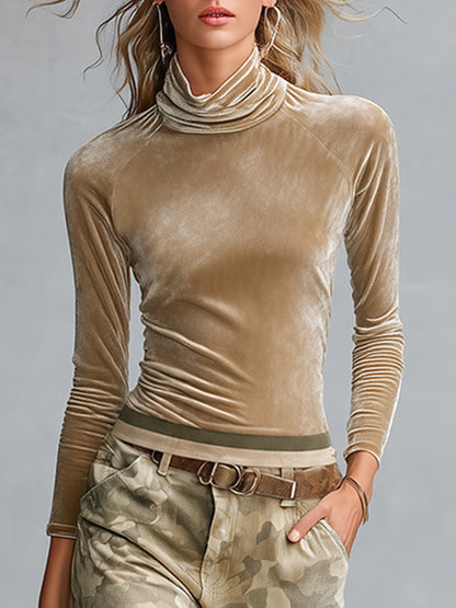 Retro Casual Khaki Velour Top