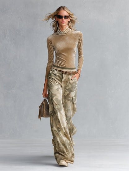 Retro Casual Khaki Velour Top