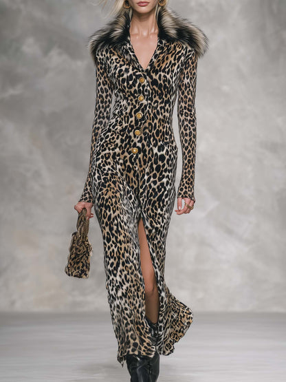 Retro Glam Faux Fur Collar Leopard Print Velvet Maxi Dress