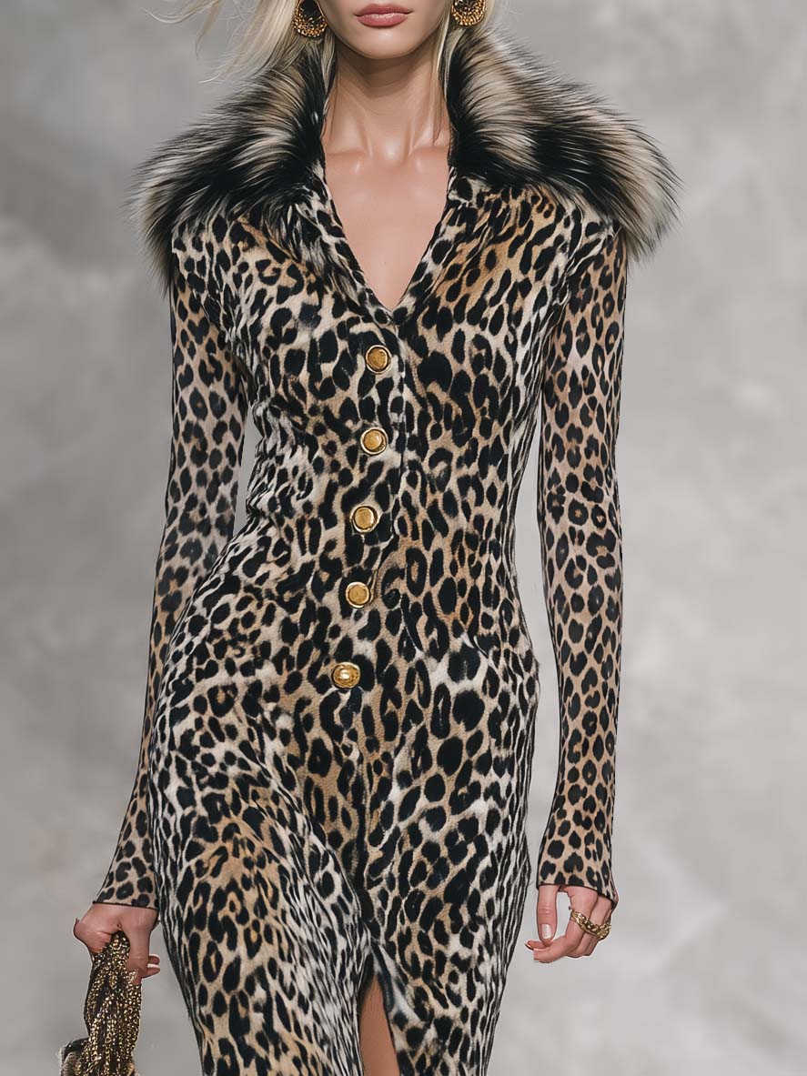 Retro Glam Faux Fur Collar Leopard Print Velvet Maxi Dress