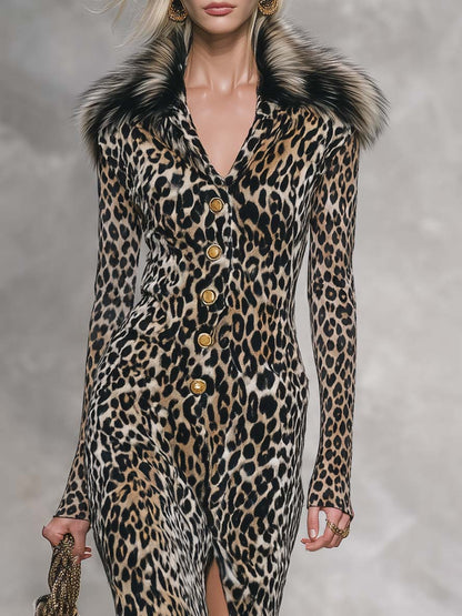 Retro Glam Faux Fur Collar Leopard Print Velvet Maxi Dress