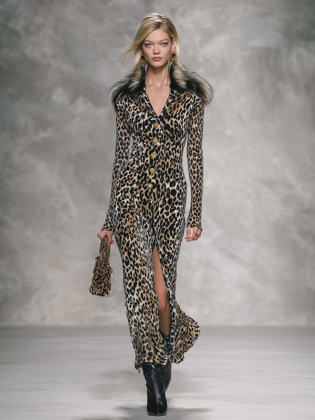 Retro Glam Faux Fur Collar Leopard Print Velvet Maxi Dress