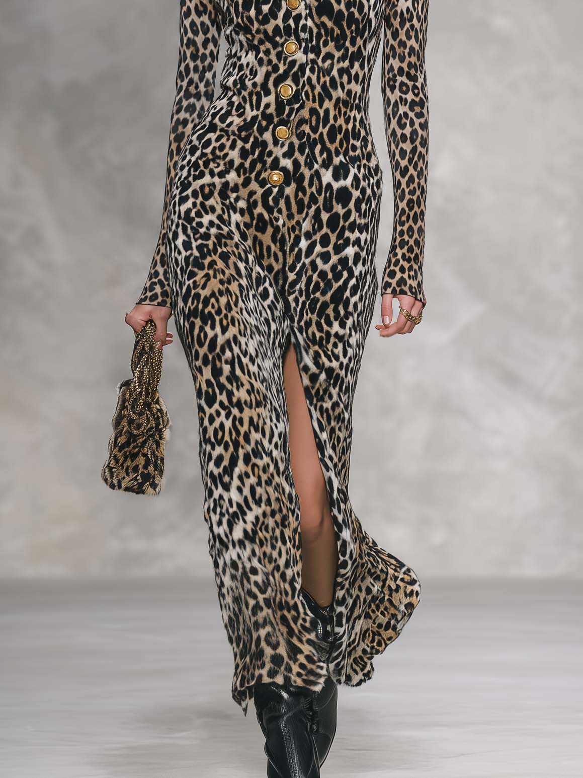Retro Glam Faux Fur Collar Leopard Print Velvet Maxi Dress