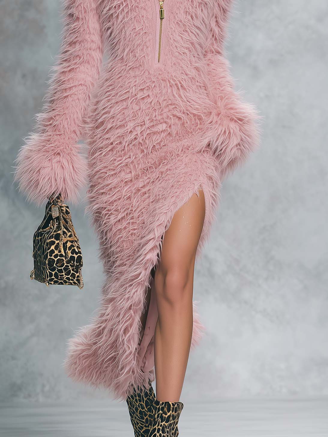 Glam Pink Faux Fur Zip-Front Midi Sweater Dress With Collar Slit