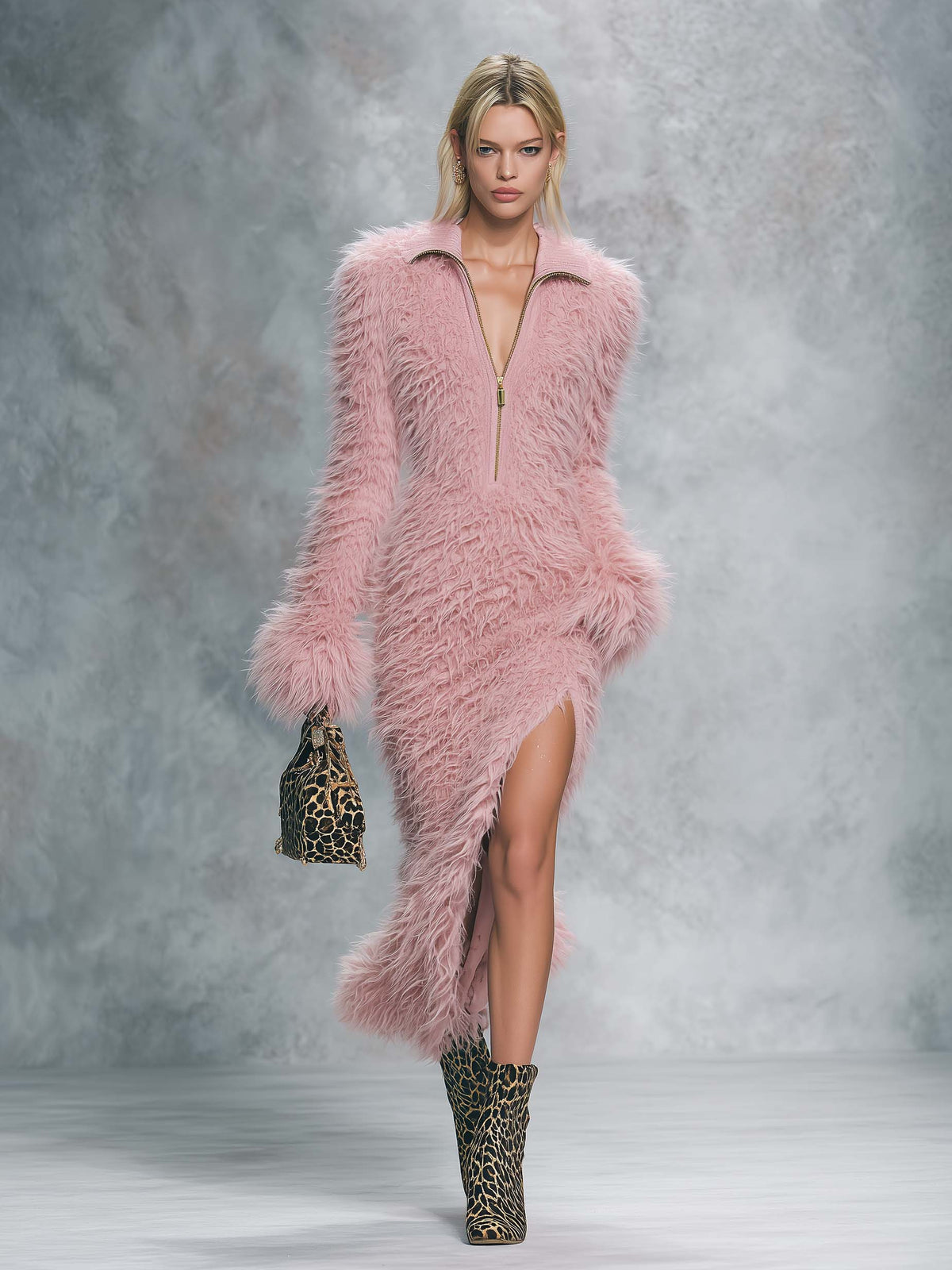 Glam Pink Faux Fur Zip-Front Midi Sweater Dress With Collar Slit