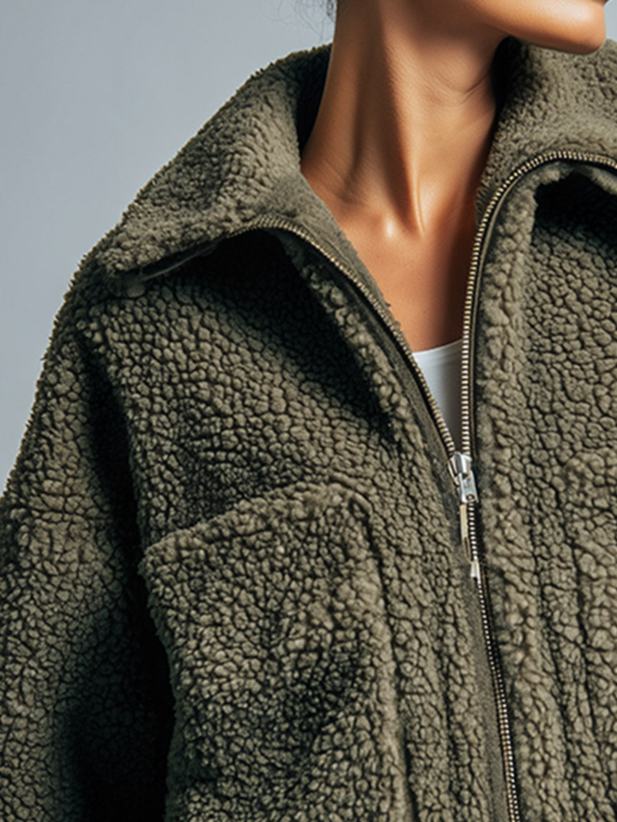 Casual-chic Green Collared Zip-up Cropped Fleece Jacket