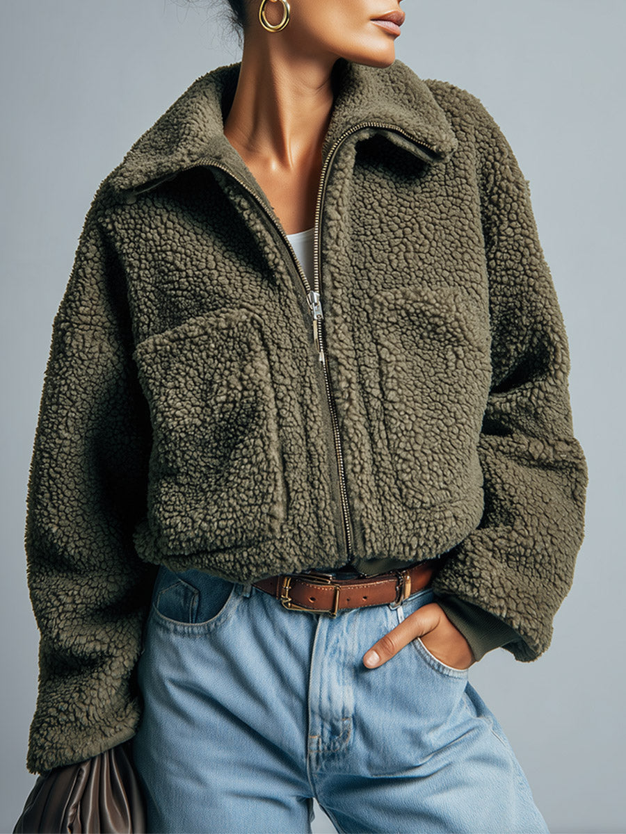 Casual-chic Green Collared Zip-up Cropped Fleece Jacket