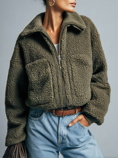 Casual-chic Green Collared Zip-up Cropped Fleece Jacket