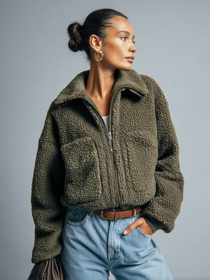 Casual-chic Green Collared Zip-up Cropped Fleece Jacket
