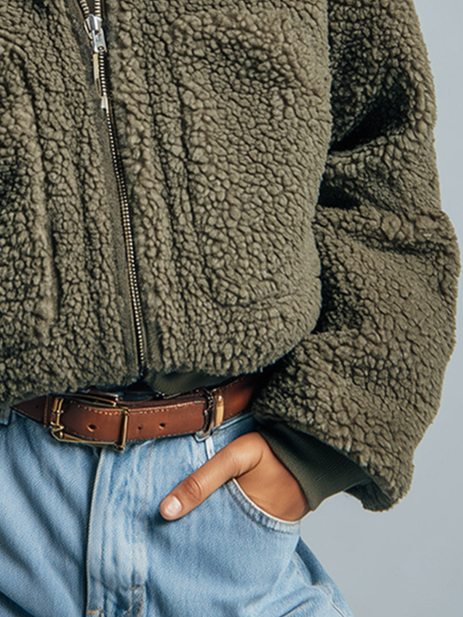 Casual-chic Green Collared Zip-up Cropped Fleece Jacket