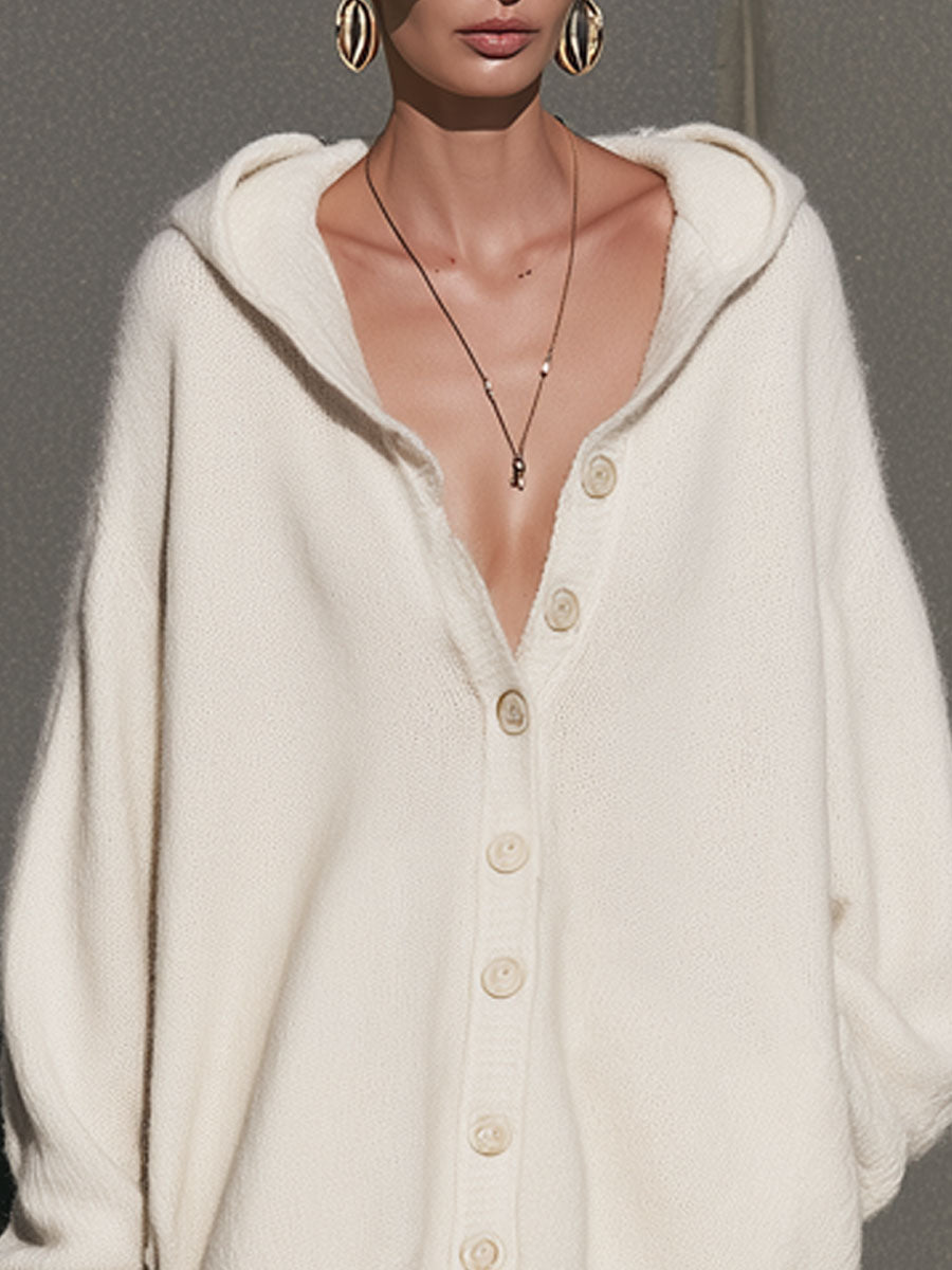 Stylish Loose-fitting White Knitted Hooded Cardigan Mini Dress