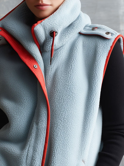 Retro Casual Light Blue Fleece Color-blocked High-neck Zip-up Vest