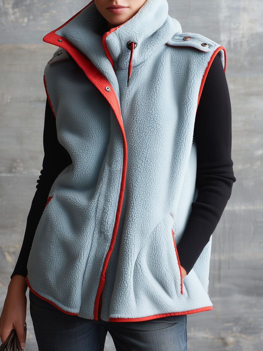 Retro Casual Light Blue Fleece Color-blocked High-neck Zip-up Vest