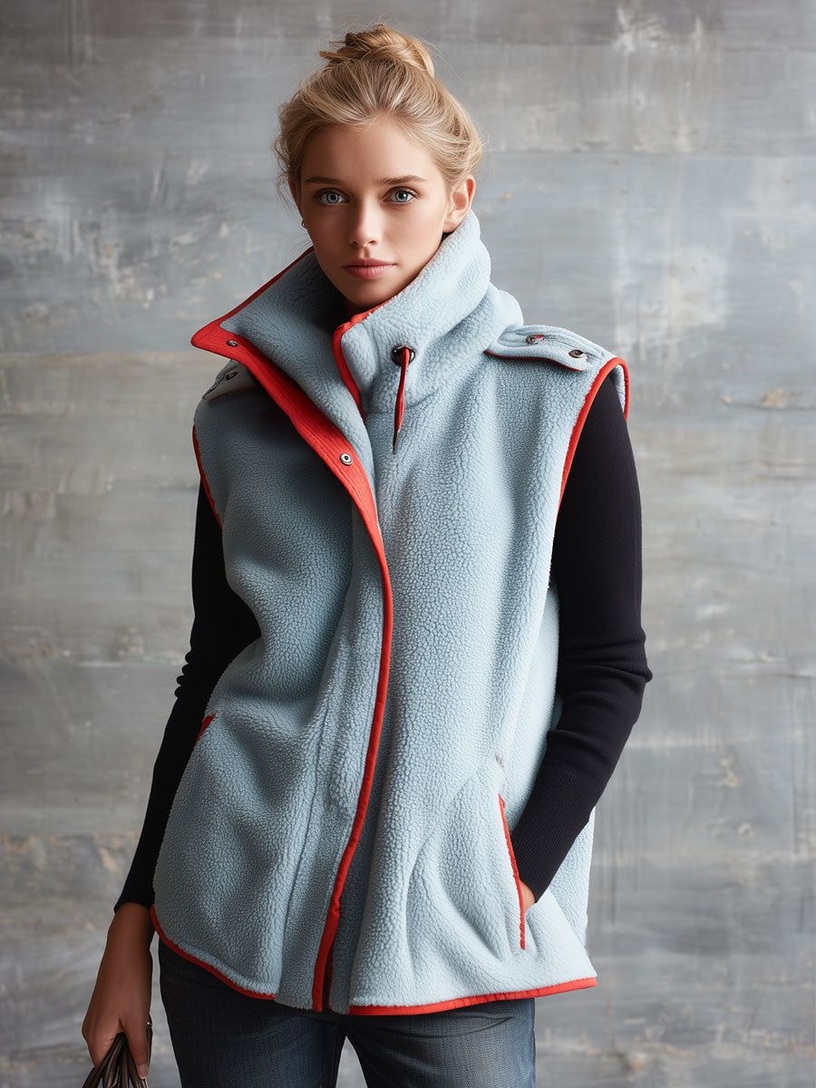 Retro Casual Light Blue Fleece Color-blocked High-neck Zip-up Vest