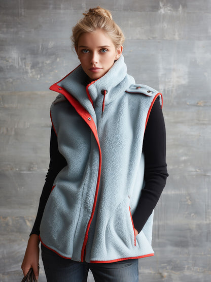 Retro Casual Light Blue Fleece Color-blocked High-neck Zip-up Vest