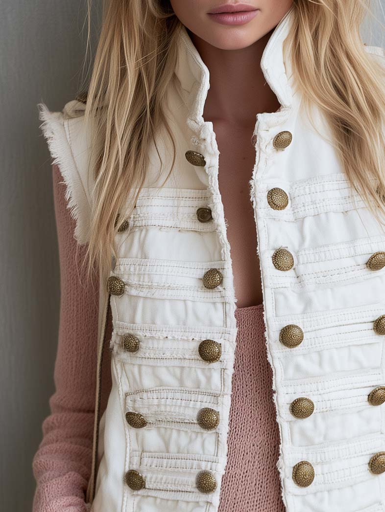 Vintage Military Band White Denim Vest Women Brass Button Frayed Sleeveless Jacket