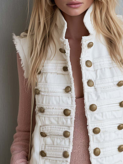 Vintage Military Band White Denim Vest Women Brass Button Frayed Sleeveless Jacket
