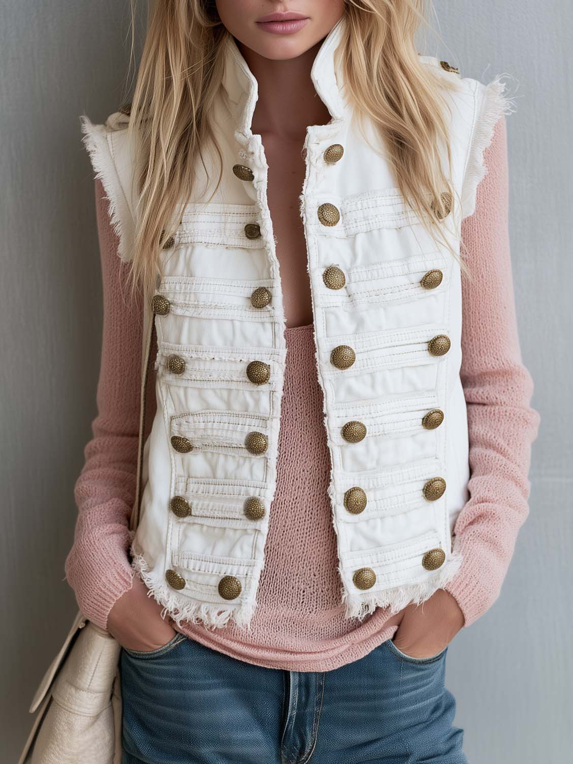 Vintage Military Band White Denim Vest Women Brass Button Frayed Sleeveless Jacket
