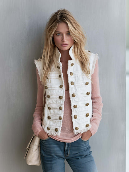 Vintage Military Band White Denim Vest Women Brass Button Frayed Sleeveless Jacket