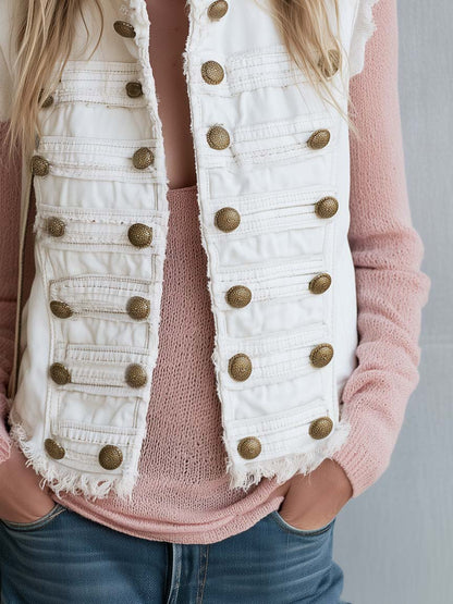Vintage Military Band White Denim Vest Women Brass Button Frayed Sleeveless Jacket