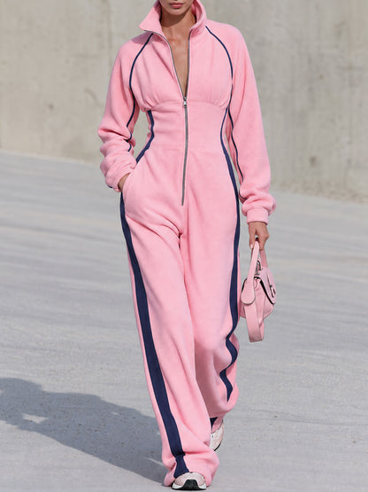 Retro Casual Color-blocked Trim Pink Fleece Stand-up Collar Zip-up Jumpsuit