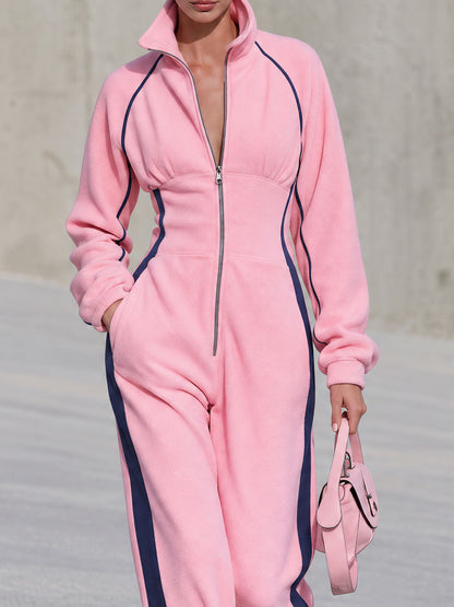 Retro Casual Color-blocked Trim Pink Fleece Stand-up Collar Zip-up Jumpsuit
