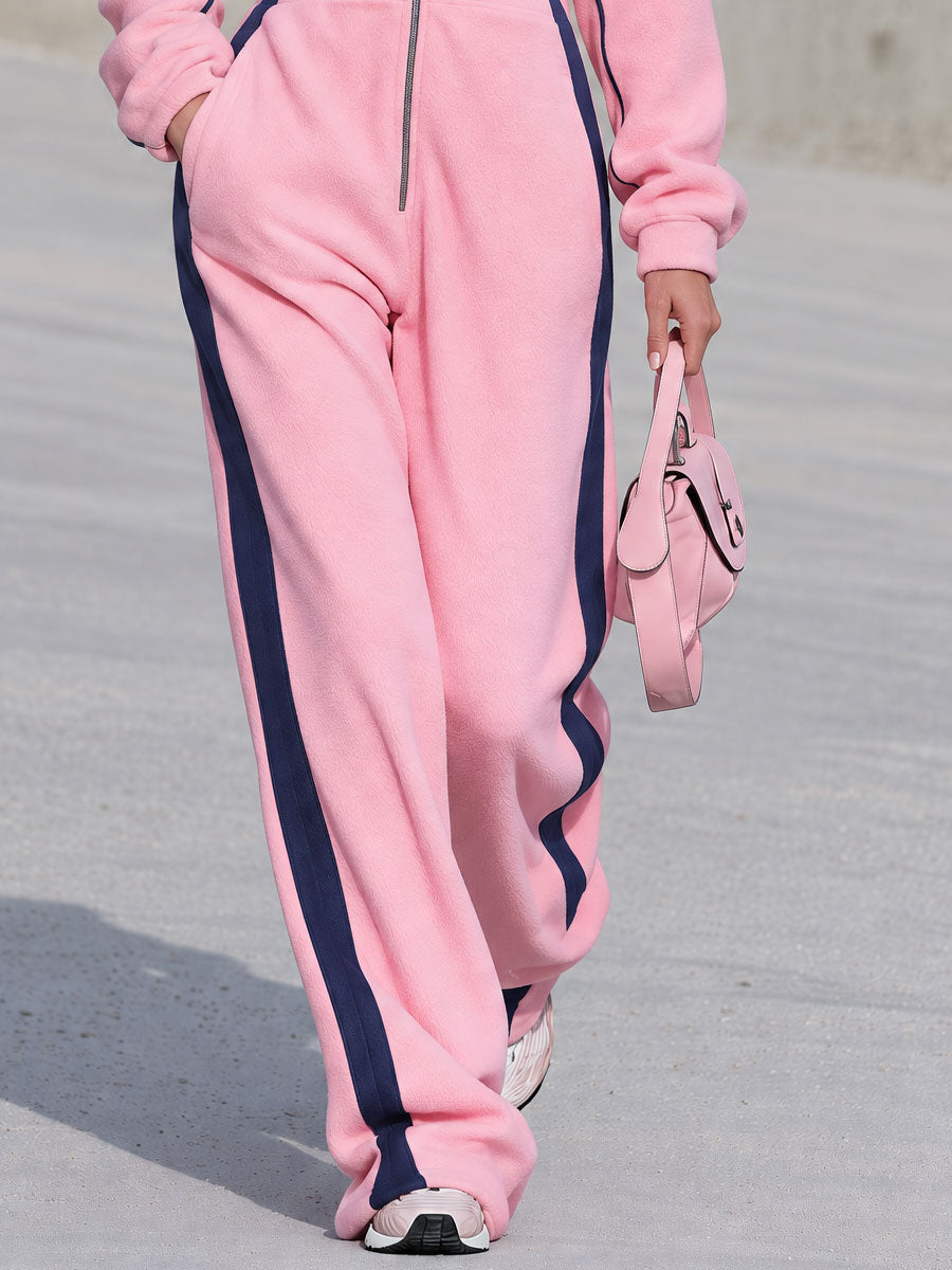 Retro Casual Color-blocked Trim Pink Fleece Stand-up Collar Zip-up Jumpsuit