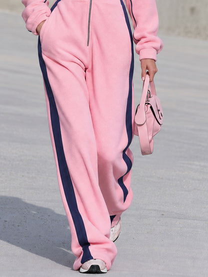 Retro Casual Color-blocked Trim Pink Fleece Stand-up Collar Zip-up Jumpsuit