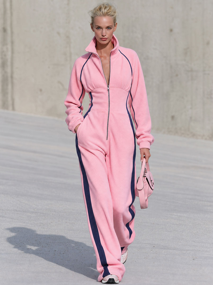Retro Casual Color-blocked Trim Pink Fleece Stand-up Collar Zip-up Jumpsuit