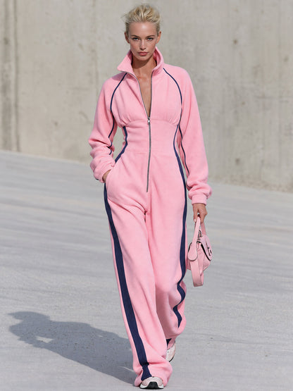 Retro Casual Color-blocked Trim Pink Fleece Stand-up Collar Zip-up Jumpsuit