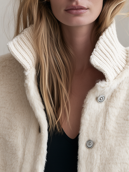 Retro Western Cream Faux Fur Paneled Ribbed Knit Stand Collar Jacket