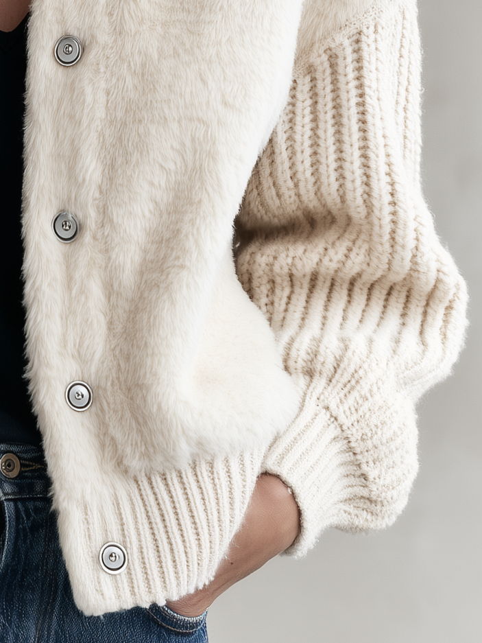Retro Western Cream Faux Fur Paneled Ribbed Knit Stand Collar Jacket