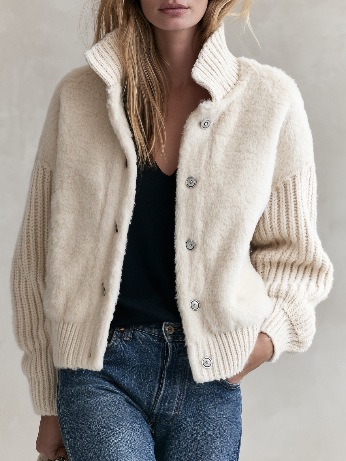 Retro Western Cream Faux Fur Paneled Ribbed Knit Stand Collar Jacket