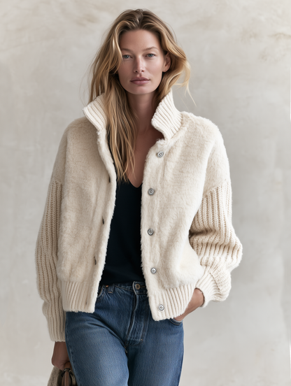 Retro Western Cream Faux Fur Paneled Ribbed Knit Stand Collar Jacket