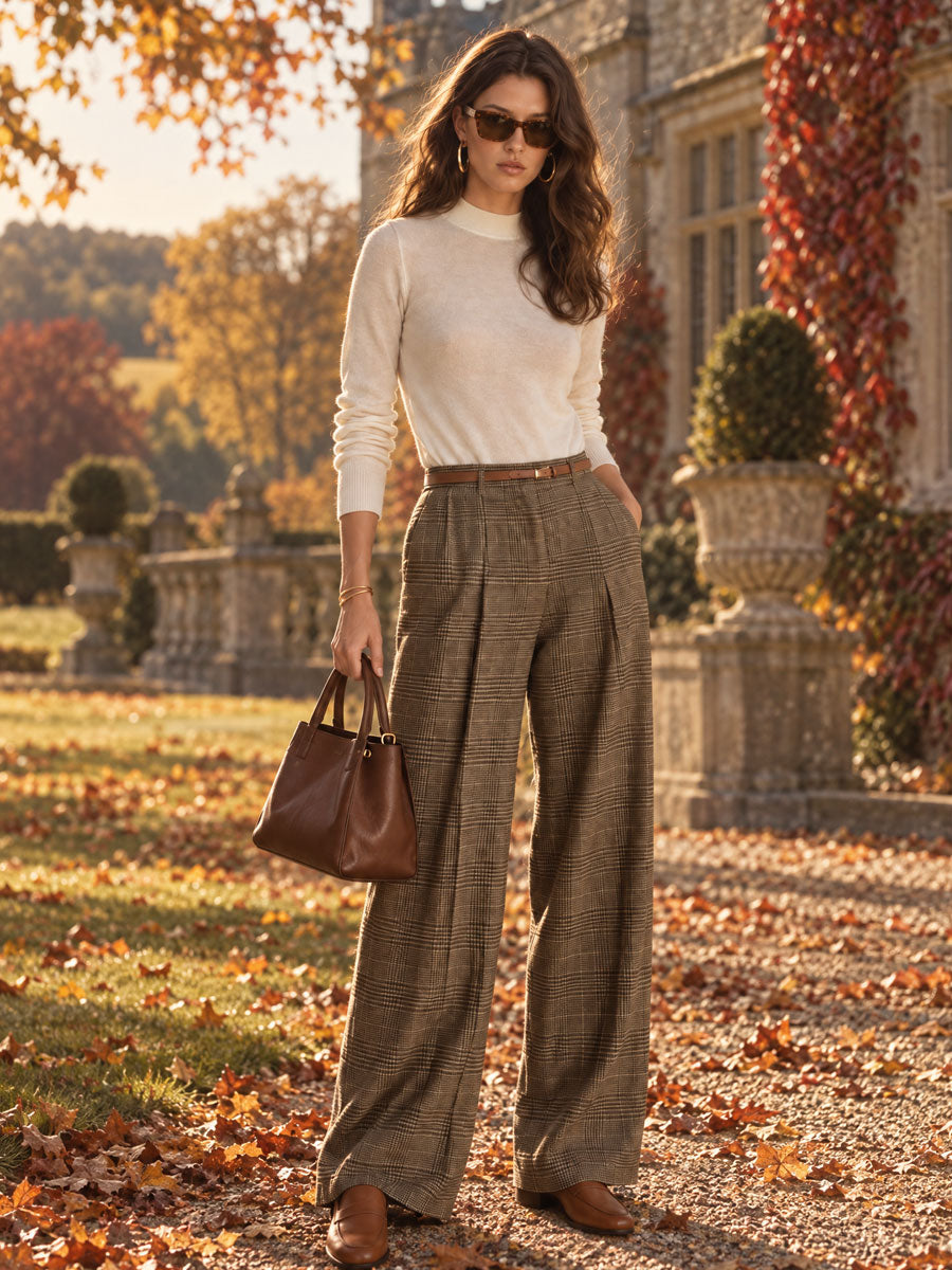 Retro White Knit Long-sleeved Top With Tie And Plaid Wide-leg Pants Set