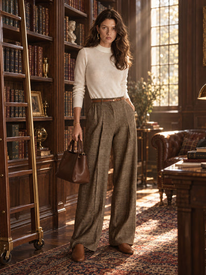 Retro White Knit Long-sleeved Top With Tie And Plaid Wide-leg Pants Set