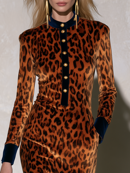 Retro Western Leopard Print Velvet Midi Dress With Gold Buttons Contrast Trim