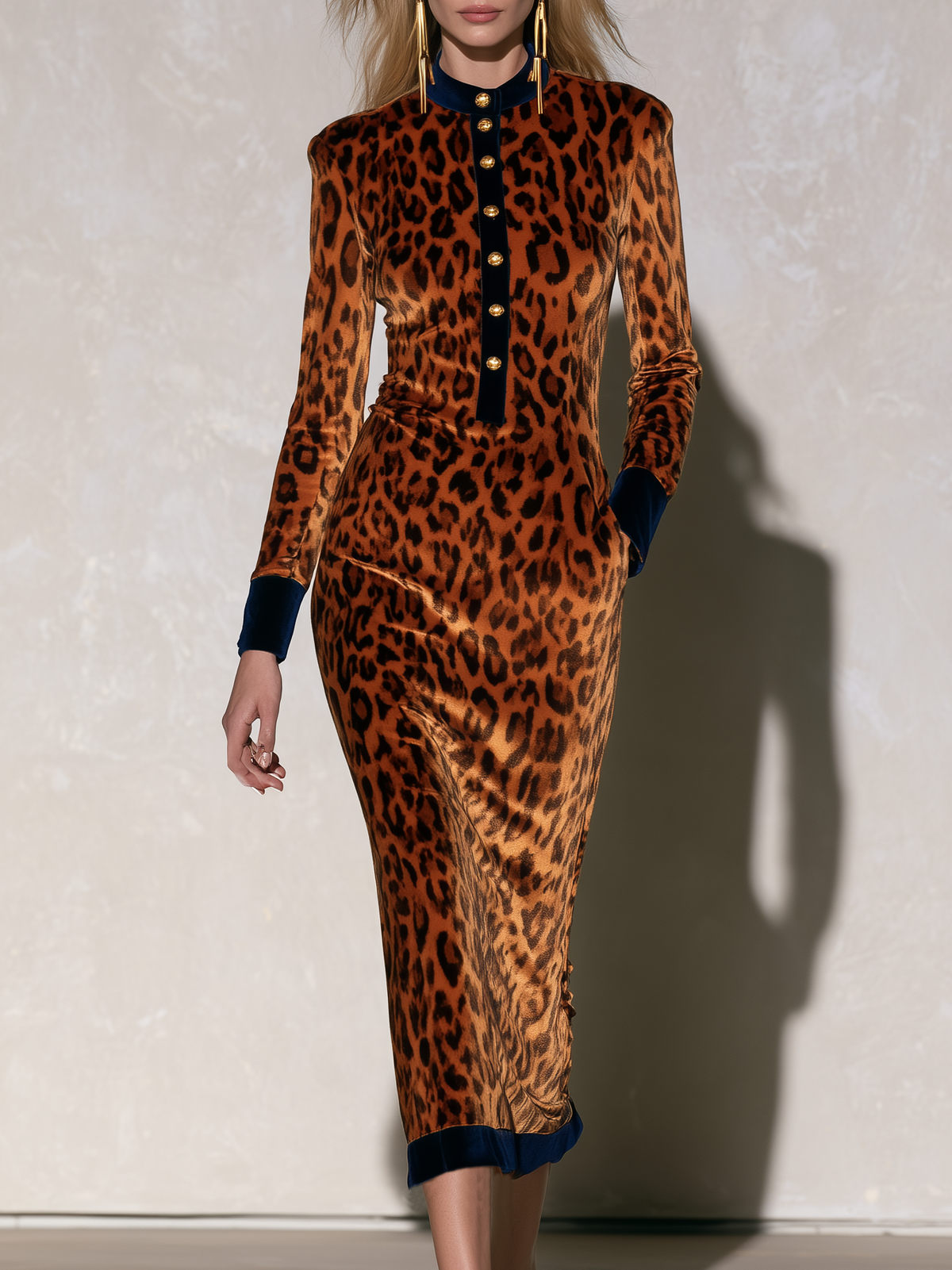 Retro Western Leopard Print Velvet Midi Dress With Gold Buttons Contrast Trim