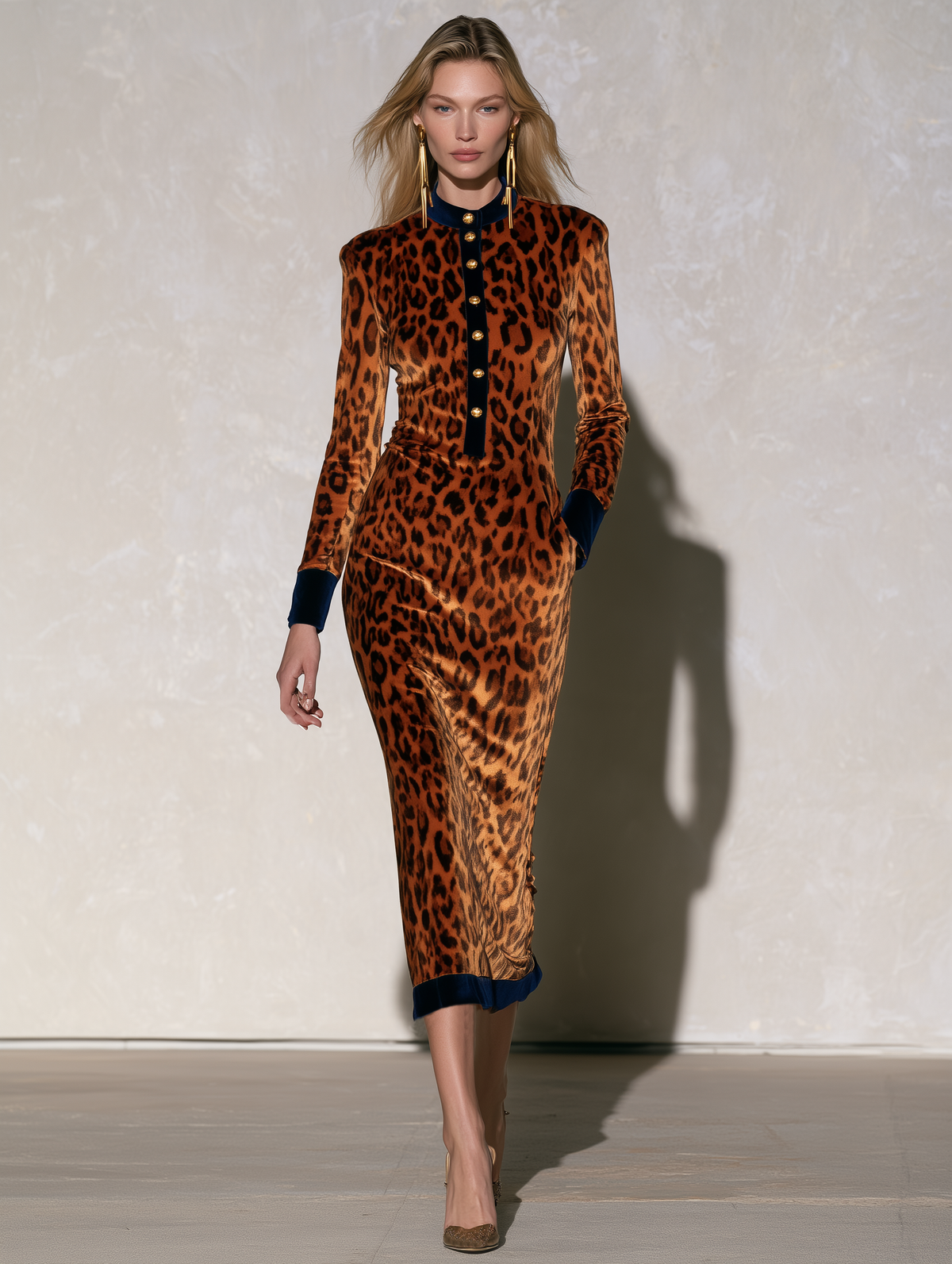 Retro Western Leopard Print Velvet Midi Dress With Gold Buttons Contrast Trim