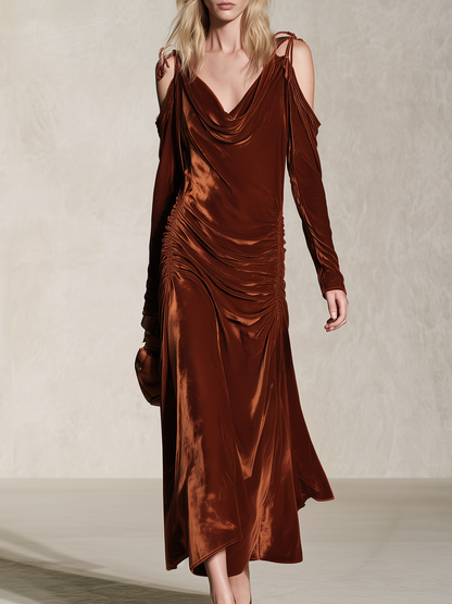 Retro Elegant Rust Velvet Cowl Neck Tie-Shoulder Ruched Maxi Dress
