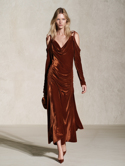 Retro Elegant Rust Velvet Cowl Neck Tie-Shoulder Ruched Maxi Dress