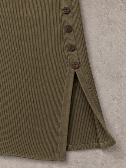 Retro Color-blocked Knit Olive Green Slit Midi Dress