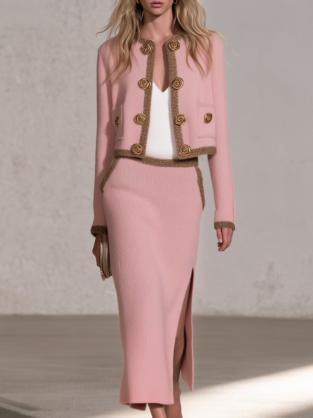 Retro Elegant Pink Contrast-Trim Knit Jacket And Slit Midi Skirt Set