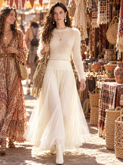 Elegant Satin And Patchwork Off-white Tulle Pleated Midi Skirt