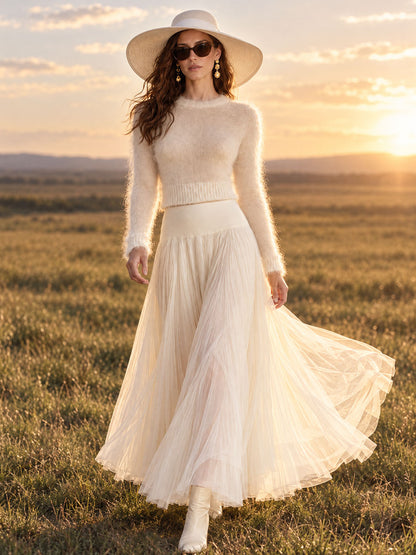 Elegant Satin And Patchwork Off-white Tulle Pleated Midi Skirt