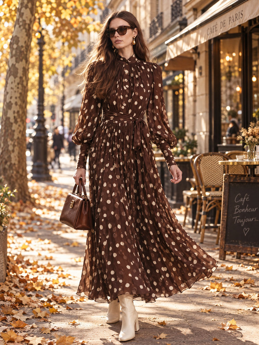Retro Polka Dot Brown Chiffon Tie-waist Long-sleeved Maxi Dress