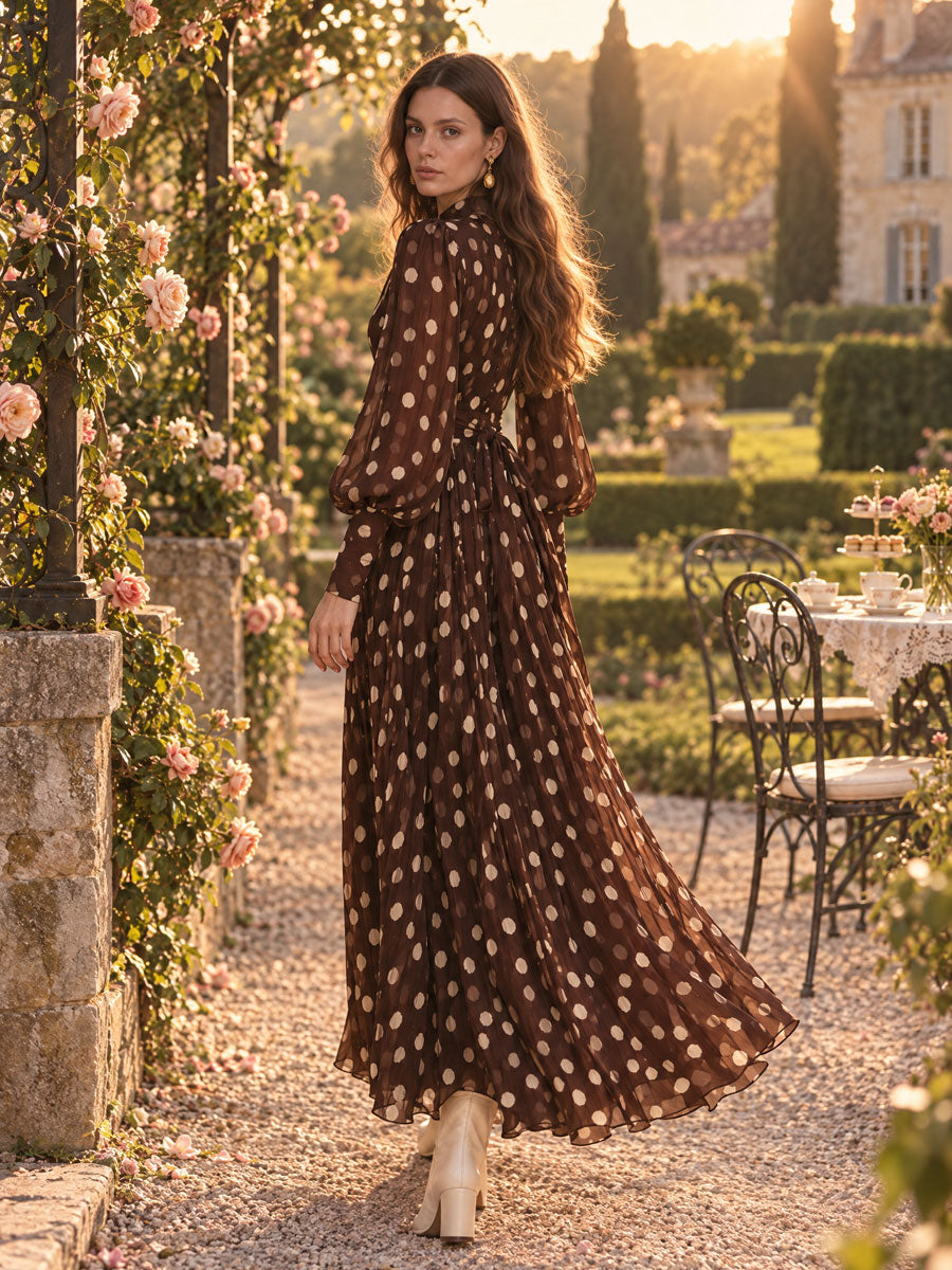 Retro Polka Dot Brown Chiffon Tie-waist Long-sleeved Maxi Dress